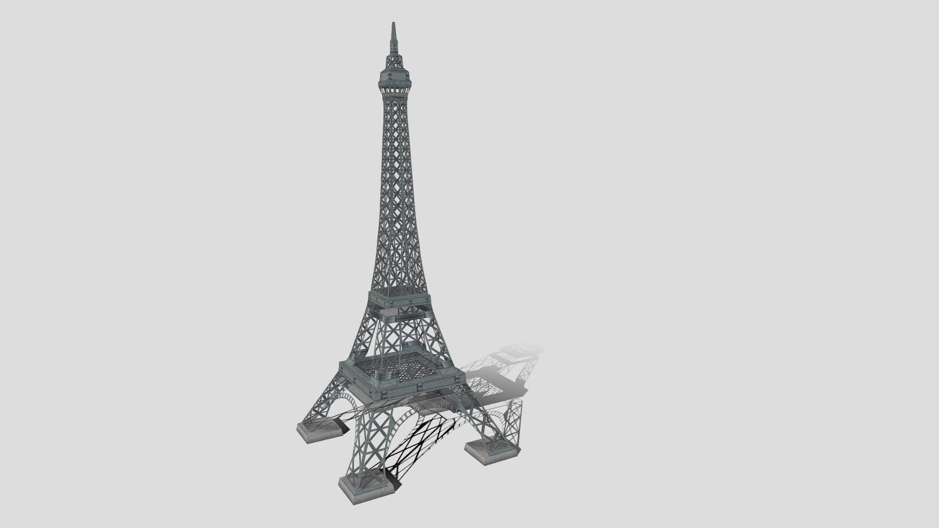 Low poly double-faced Eiffel Tower.
512x PNG Texture with transparency.
1/16 scale: measured in generic 3D units (837. Height x 346. width &amp; lenght )
It was made by me to be used on a game level, the faces are doubled due to the limitations of the engine it was made to be used on 3d model