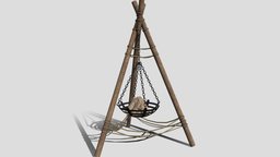 Tripod Brazier fireplace, torch, dungeon, heater, hanging, medieval, camp, furniture, burning, rope, outdoor, fire, realistic, models, iron, brazier, various, lighting, pbr, wood, light, gameready, steel, noai