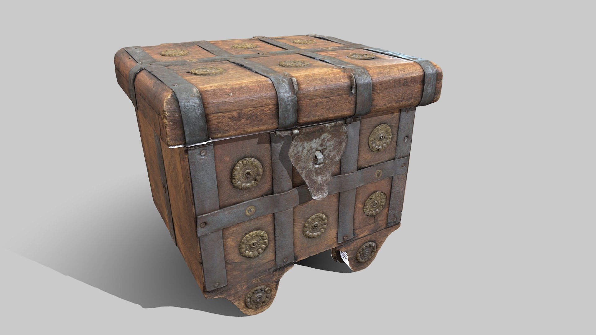 Photogrammetry scan of an ornate wooden box chest with metal straps and decoration. It sits on wooden wheels and includes the interior.

The lid is a separate mesh so that it can be rotated open.

1441 photos taken in a lightbox with a Sony a7R III and processed in Reality Capture.

Animation is to show that chest has complete interior.
Specular maps produced from diffuse using Photoshop and Mudbox.

FBX file.

Textures:
Body: 4k diffuse, 4k spec, 4k normal.
Lid: 2k diffuse, 2k spec, 2k normal.

Meshes (body + lid) total:
120k triangles 3d model