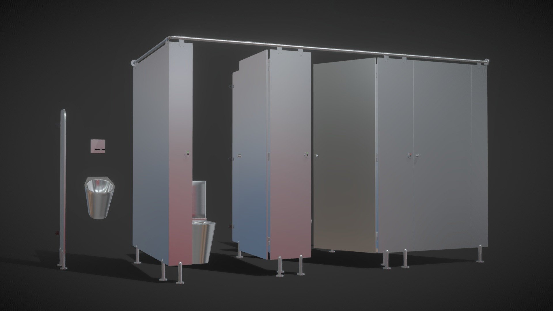 Realistic (copy) 3d model of Sanitary partitions for public toilets FunderMax 2.

Topology of geometry:
- forms and proportions of The 3D model most similar to the real object
- the geometry of the model was created very neatly
- there are no many-sided polygons
- detailed enough for close-up renders

Materials and Textures:
- 3ds max files included Vray-Shaders
- 3ds max files included Corona-Shaders
- all texture paths are cleared

Organization of scene:
- to all objects and materials names in scene are appropriated
- real world size (system units - mm)
- coordinates of location of the model in space (x0, y0, z0)
- does not contain extraneous or hidden objects (lights, cameras, shapes etc.)

File Formats:
- original file format - 3ds max 2013 + Vray
- 3ds max 2013 Corona
- obj
- 3ds

In the archive:
- DELABIE urinal
- toilet bowl DELABIE
- Set of sanitary partitions FunderMax
- Fittings Normbau
From the components of the set, you can set any number of toilet cubicles in public toilets 3d model