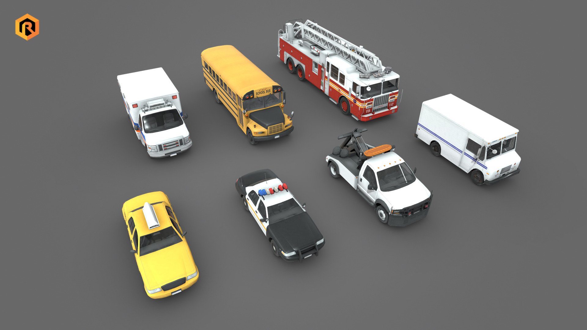 This pack includes 7 low-poly 3D models of emergency service cars.

Interior parts of cars are also modeled but with less detail.

These assets are best for use in games and other VR / AR, real-time applications such as Unity or Unreal Engine.
Lot of additional file formats included (Blender, Unity, Maya,  etc.)

Collection Includes:




New York Taxi - 4743 Triangles, 2048 Diffuse and AO textures

Ambulance Vehicle - 5348 Triangles, 2048 Diffuse and AO textures

USPS Mail Truck - 4180 Triangles, 2048 Diffuse and AO textures

NYPD Police Car - 5157 Triangles, 2048 Diffuse and AO textures

School Bus - 6244 Triangles, 4096 Diffuse and AO textures

NYPD Tow Truck - 5764 Triangles, 2048 Diffuse and AO textures

Fire Truck - 8996 Triangles, 4096 Diffuse and AO textures

More file formats are available in additional zip file on product page !  

Please feel free to contact us if you have any questions with this asset ! - 7 Low-Poly Service Cars Collection - Buy Royalty Free 3D model by Rescue3D Assets (@rescue3d) 3d model