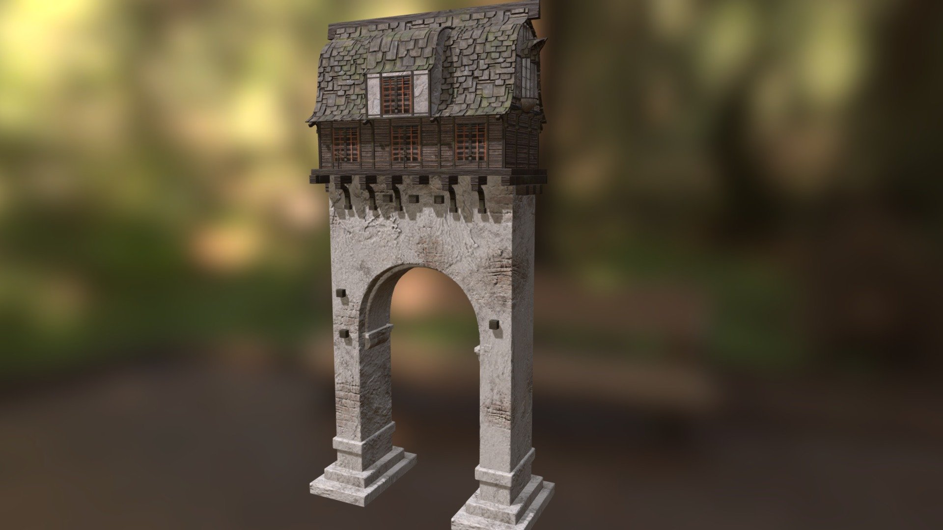 Modeled with 3DS Max, Blender sculpting, Substance Painter

Inspired by these tutorial videos, though not followed specifically: https://www.youtube.com/watch?v=1KsVixIPPbg - Fantasy Medieval Gatehouse - 3D model by Experience Heritage (@experience-heritage) 3d model
