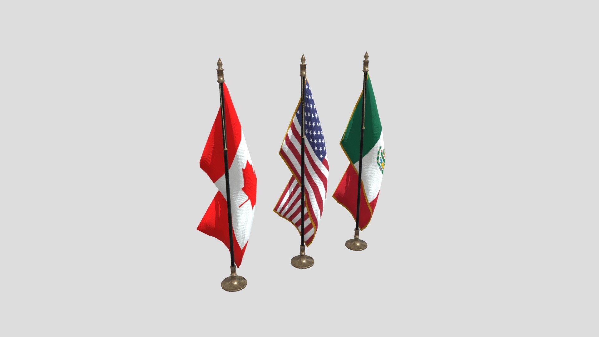 These small country flags are perfect for any political, office, or national scene. The models are lowpoly and are viewable from all angles and distances.

This includes:

The mesh
4K and 2K Texture set (Albedo, Metallic, Roughness, Normal, Height)
3 Variations ( American, Mexican, Canadian)
The mesh is UV Unwrapped with vertex colors and can easily be retextured 3d model