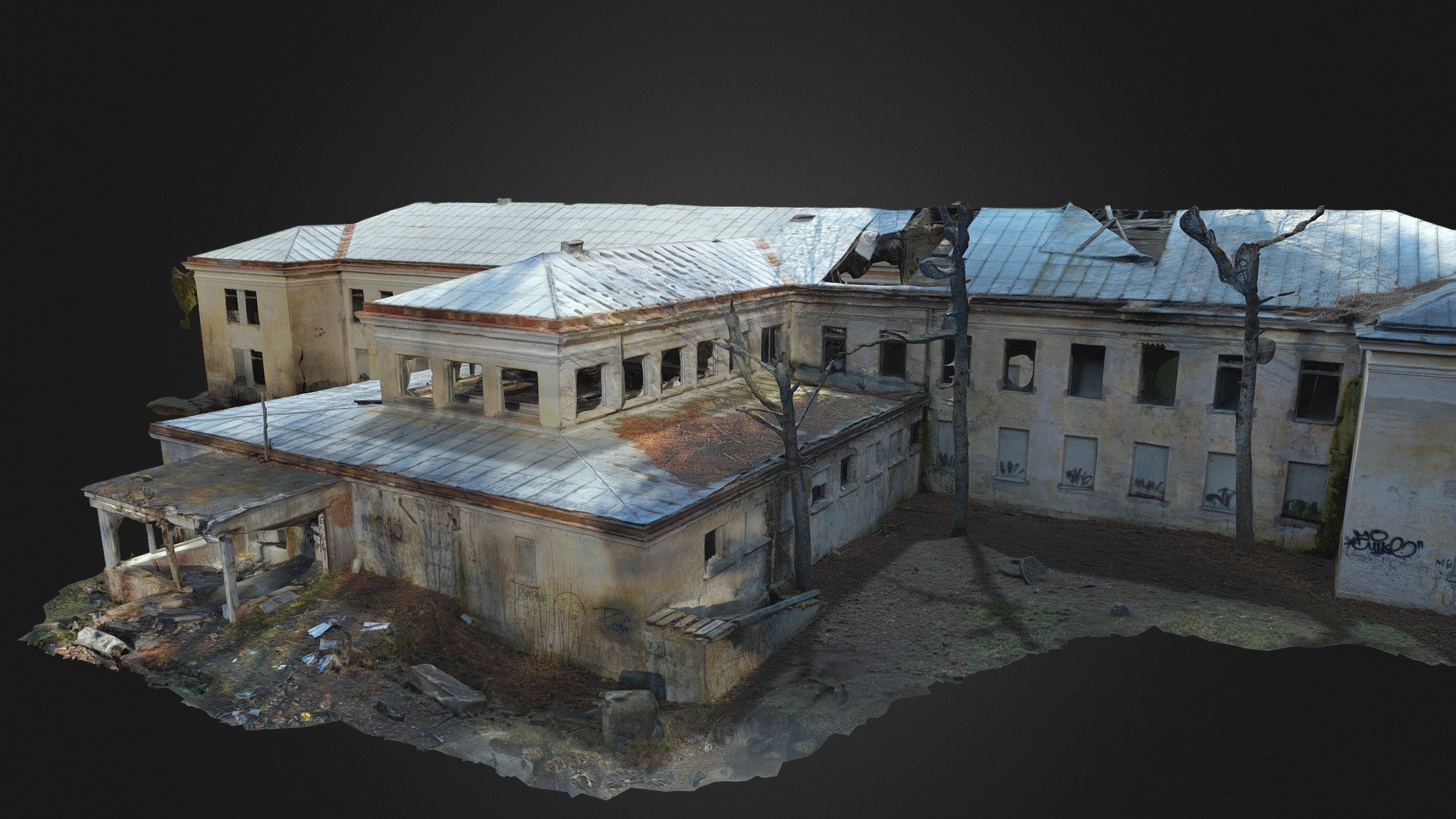 3D scan of an abandoned manor with broken windows, some boarded up, broken roof, broken walls.
Entrance has been destroyed.
Witn normal map 3d model