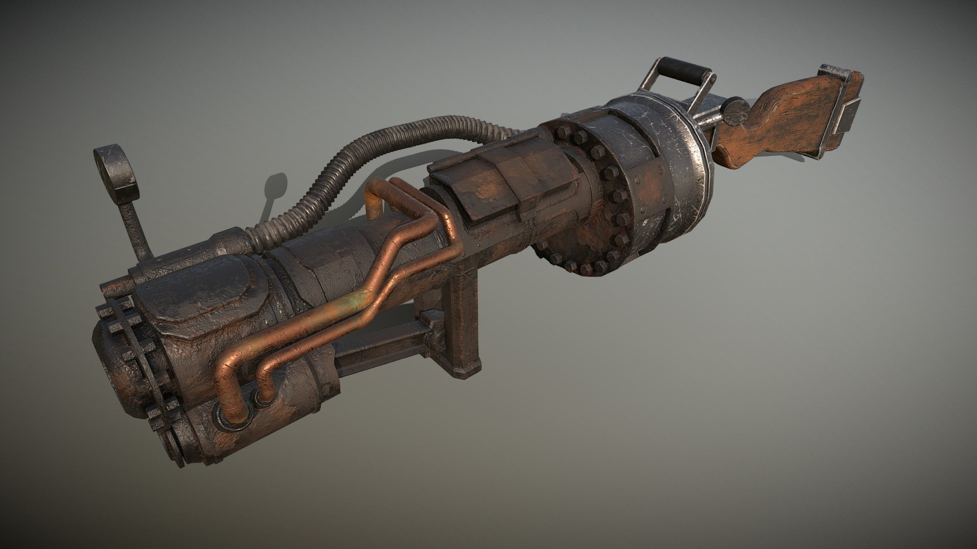 Rail Spike Gun based on the Railway Rifle concept from the Fallout world.  A device fashioned from various scrap items making used of compressed hot air to launch railspikes.  For purposes of protection and survival 3d model
