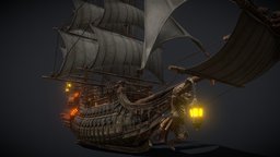 The Running Dutchman unreal, colonial, pirateship, galeon, galley, brigantine, pixel-art, dutchman, unity, ship, sea, boat, carabians