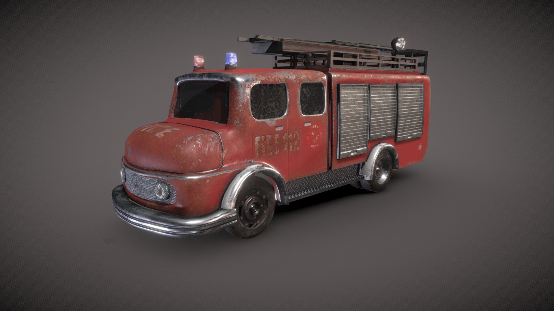 Simple  vintage firetruck based on the mercedes-benz-lf1113.  

Model ais seperated into different parts.

Chassis 
ladder
wheels 
lights
shutters
windows

Zip file containers 4K PBR textures 3d model