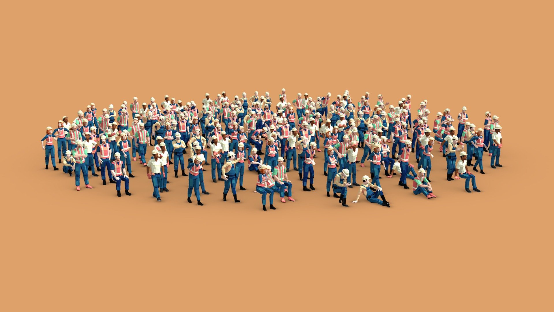 Crafted from 5 unique construction worker characters and 40 poses, this pack is specifically tailored for construction scenes. Though they can all share a single texture, 21 additional texture variants are included, allowing quick changes in color styles. Each character averages 1,000 polygons (or 2,000 triangles).

Ideal for architectural visualizations and graphic design!

Files are conveniently organized in two ways:




5 scene files, each containing 40 poses.

200 individual files, one for each pose, with meaningful filenames to identify characters and poses.

Available in MAX, FBX, and OBJ formats.

This pack if subset of: 4,000 Posed People Ultimate for ArchViz

See also the rigged characters for animations and games: Low Poly Construction Workers - 200 Posed Construction Workers Low-Poly Style - Buy Royalty Free 3D model by Denys Almaral (@denysalmaral) 3d model