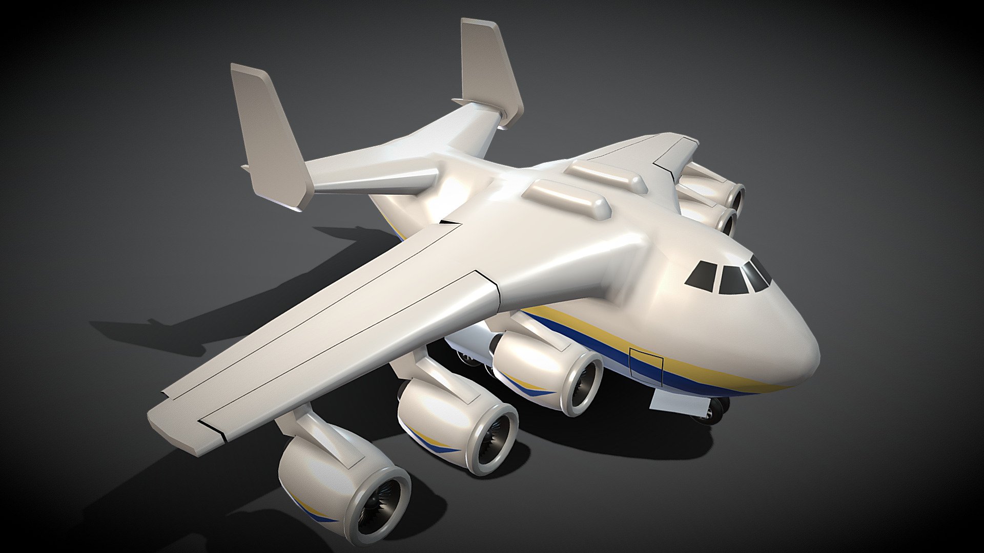 This is a cartoon An-255. The Antonov An-225 Mriya (Ukrainian: Антонов Ан-225 Мрія, lit. &lsquo;dream' or &lsquo;inspiration'; NATO reporting name: Cossack) was a strategic airlift cargo aircraft designed in the 1980s by the Antonov Design Bureau in the Soviet Union. It was originally developed as an enlargement of the Antonov An-124 to transport Buran-class orbiters, and only one example was ever completed. 

One single material with 2048 * 2048 textures.


(Viewer Setting above are just a preview and may vary drastically depending on your lighting and shading setup on the final application) - Cartoon Antonov An-225 Mriya - 3D model by Nemo (@2838657133) 3d model