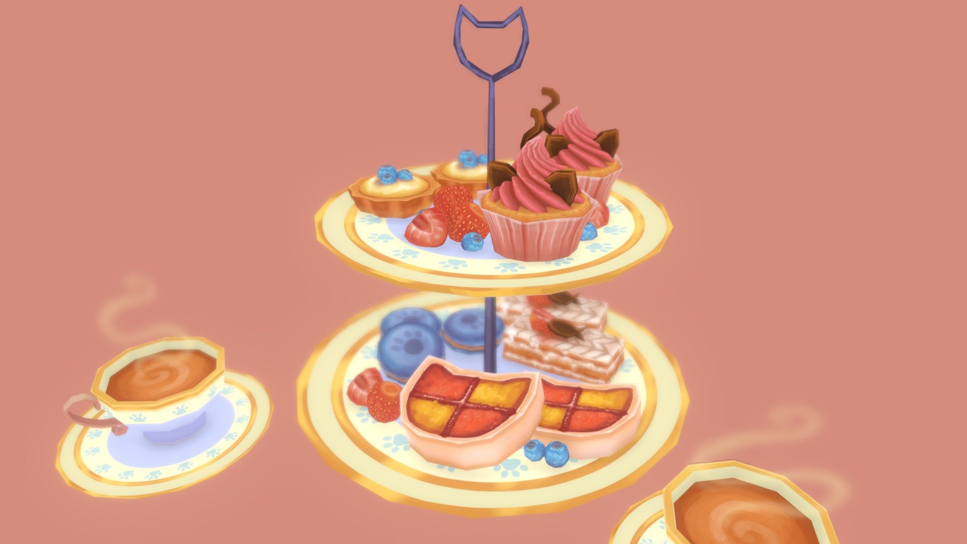 My entry for the Low poly dessert challenge! I decided to go for a cat themed afternoon tea. I created the concept , modelled in Maya and handpainted textures in Photoshop.  I really enjoyed making this! Created some music for it for fun , it is just Every body wants to be a cat in waltz time with some cat/cafe SFX over it.

https://twitter.com/rosiejarvisart
.
.
https://www.artstation.com/rosiejarvis - Cat themed afternoon tea - 3D model by rosiejarvis 3d model