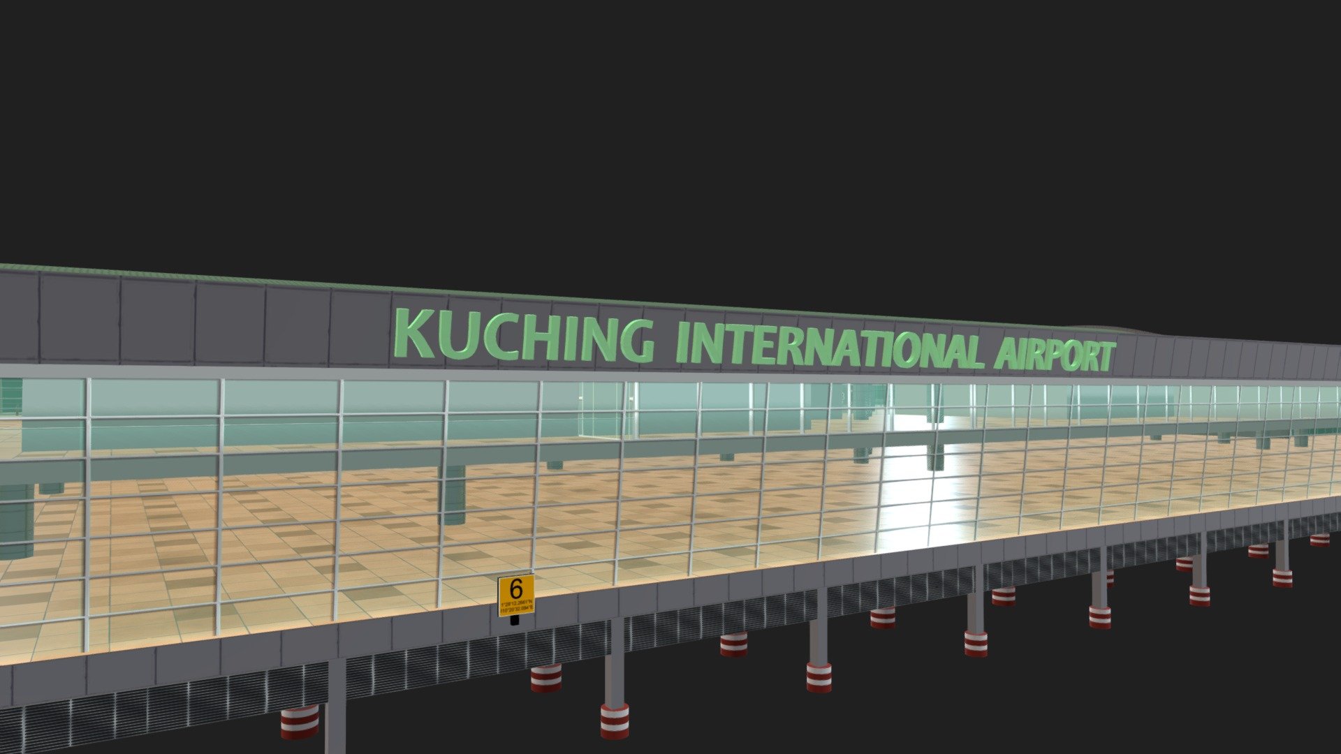 Kuching International Airport (Initialised: KIA) (IATA: KCH, ICAO: WBGG) is an international airport serving the entire southwestern region of Sarawak, Malaysia. It is located 11 km (6.8 mi) south of Kuching city centre. The airport also colocated with the RMAF Kuching, home to the No. 7 Squadron RMAF - Kuching International Airport - 3D model by Hornbill Simulations (@h0rnb1ll) 3d model