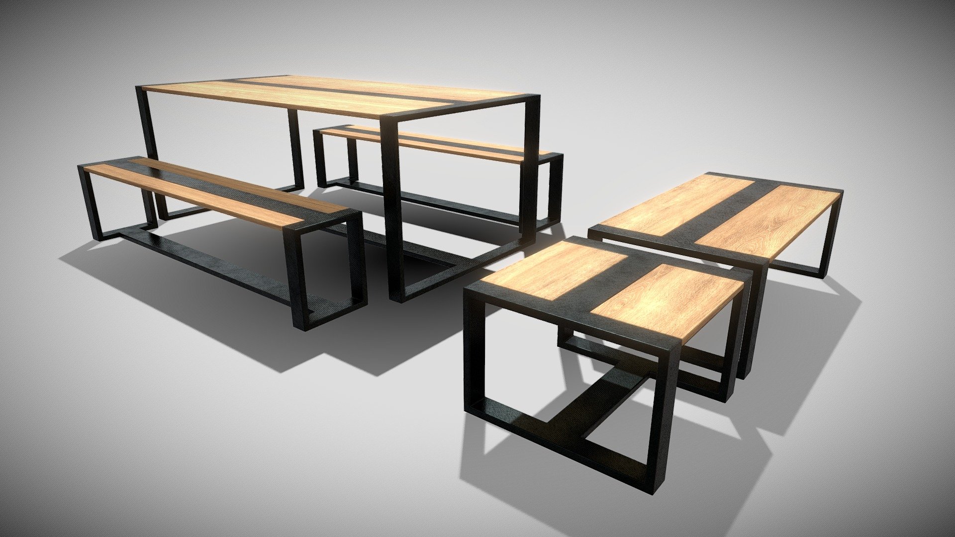 Modern industrial style dining table with double bench, coffeetable and side-table built in Blender 2.82 according to real world measurements 3d model
