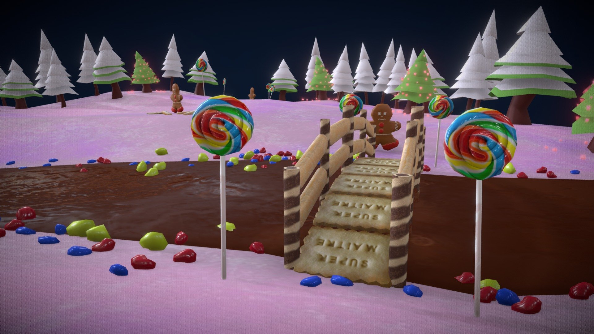 For this project, I had a tight time schedule ((around  4 days))
It's a small part of river in the candy world&hellip; my wife imagined it and I made this map especially for the sketchfab January 2020 challenge, hope you like it 3d model