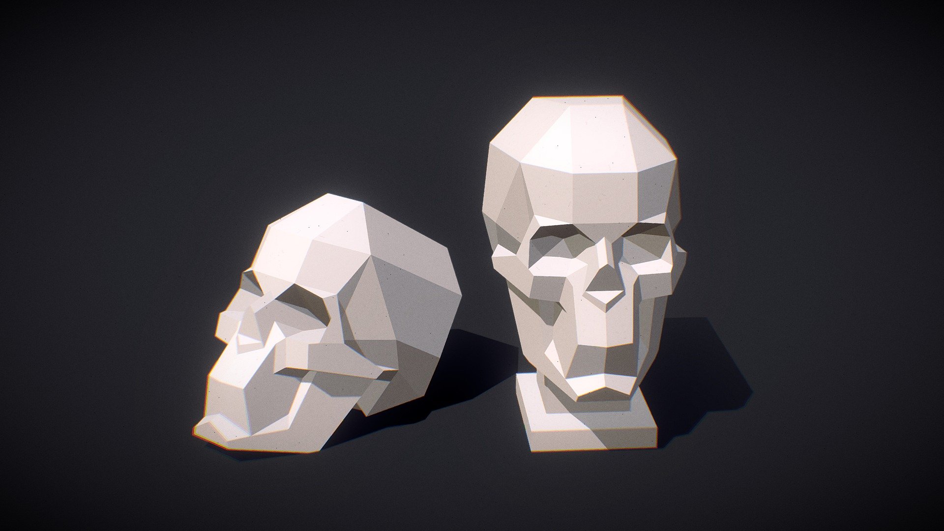 Low poly model of a skull, all faces are flat, designed for paper craft. The stand and the skull are separate objects 3d model