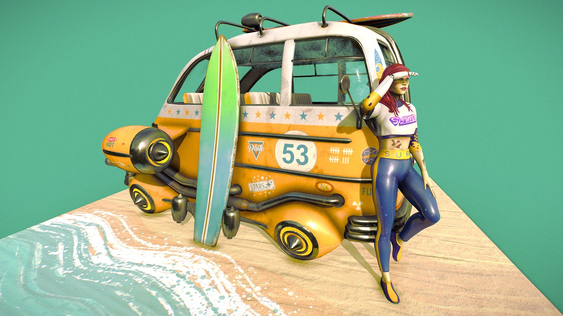 Cyberpunk scene with a surfer waiting beside her ban, for the perfect wave. It is a stylelife, it is her stylelife. She has surfed all over the galaxy and no needs of anyone to be the best.
Fbx scene with 3 different props (girl, ban and ground) with 4096 x 4096 textures 3d model