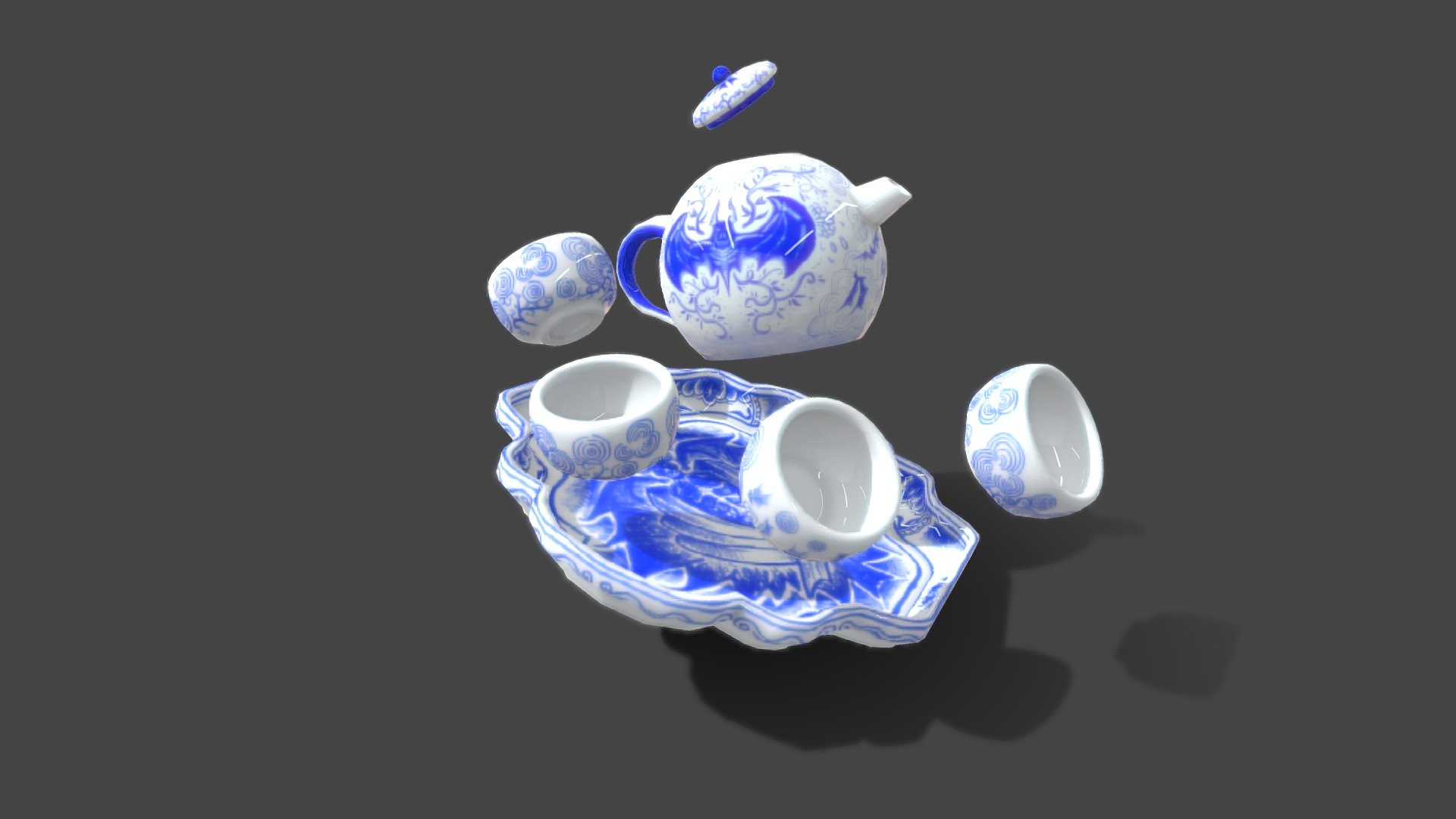 A Bat themed low poly blue china tea set.
Full modeling and texture painting process can be seen at https://www.youtube.com/watch?v=C3ywxCuVmPw&amp;list=PLZP8D4t8SATuDfQlyc5CbrrshrFUCMj8y - Batty Blue China Tea Set - Buy Royalty Free 3D model by Chaitanya Krishnan (@chaitanyak) 3d model