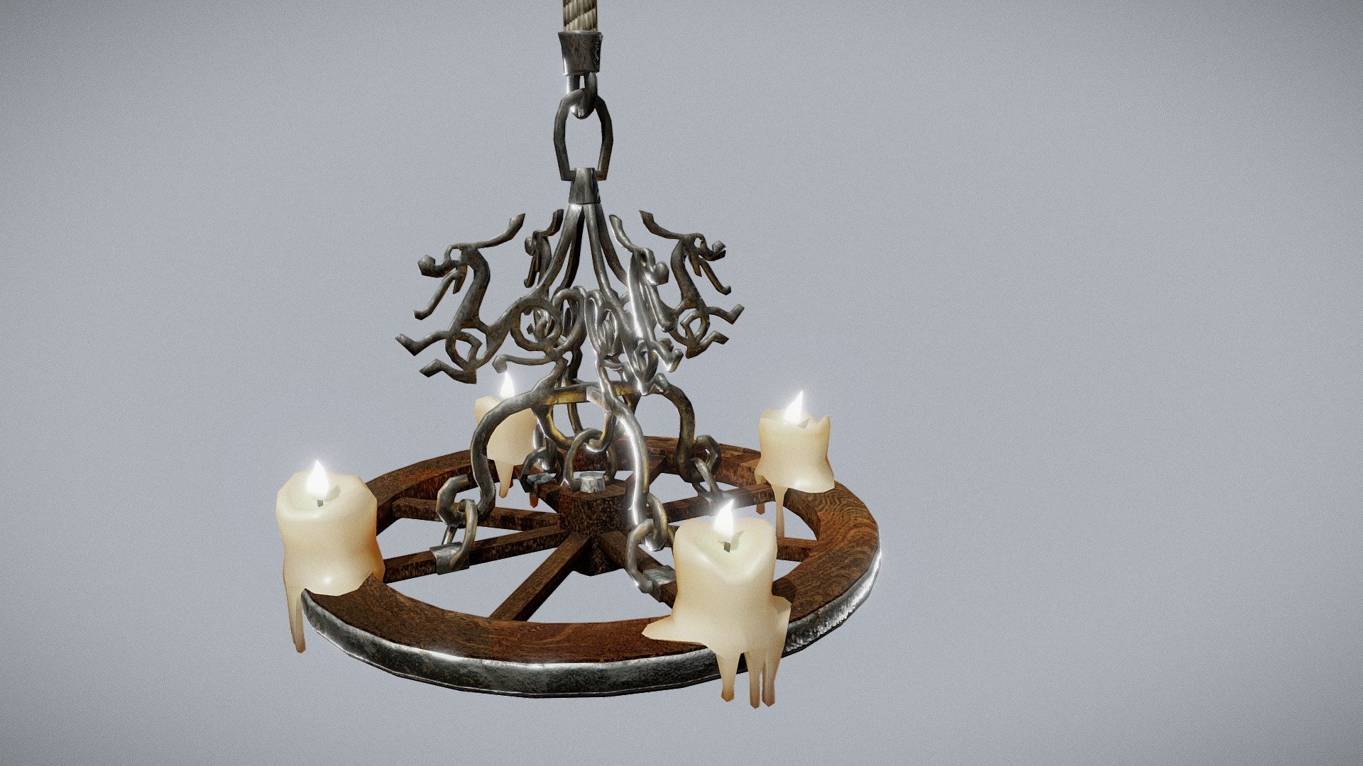 Welcome and thank you for checking my model out. This is my original 3D design and creation: A low poly game ready viking art inspired hanging wagon wheel chandelier with baked materials: Normalmap, Specularmap, Translucency and Emission. Texture size: 4096x4096

Created, modeled, unwrapped, textured and baked in Blender 3d model