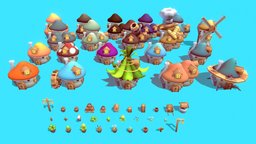 Mushroom House Pack toon, mushroom, unreal, pack, mushrooms, town, procedural, mushroom_kingdom, mushroomhouse, handpainted, unity, unity3d, game, blender, house, stylized, ue5, noai