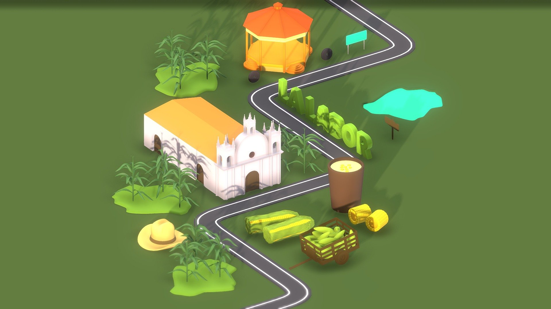 3D illustration designed with Blender.
It includes corn elements.
Inspired in a small celebration of a town in Honduras 3d model
