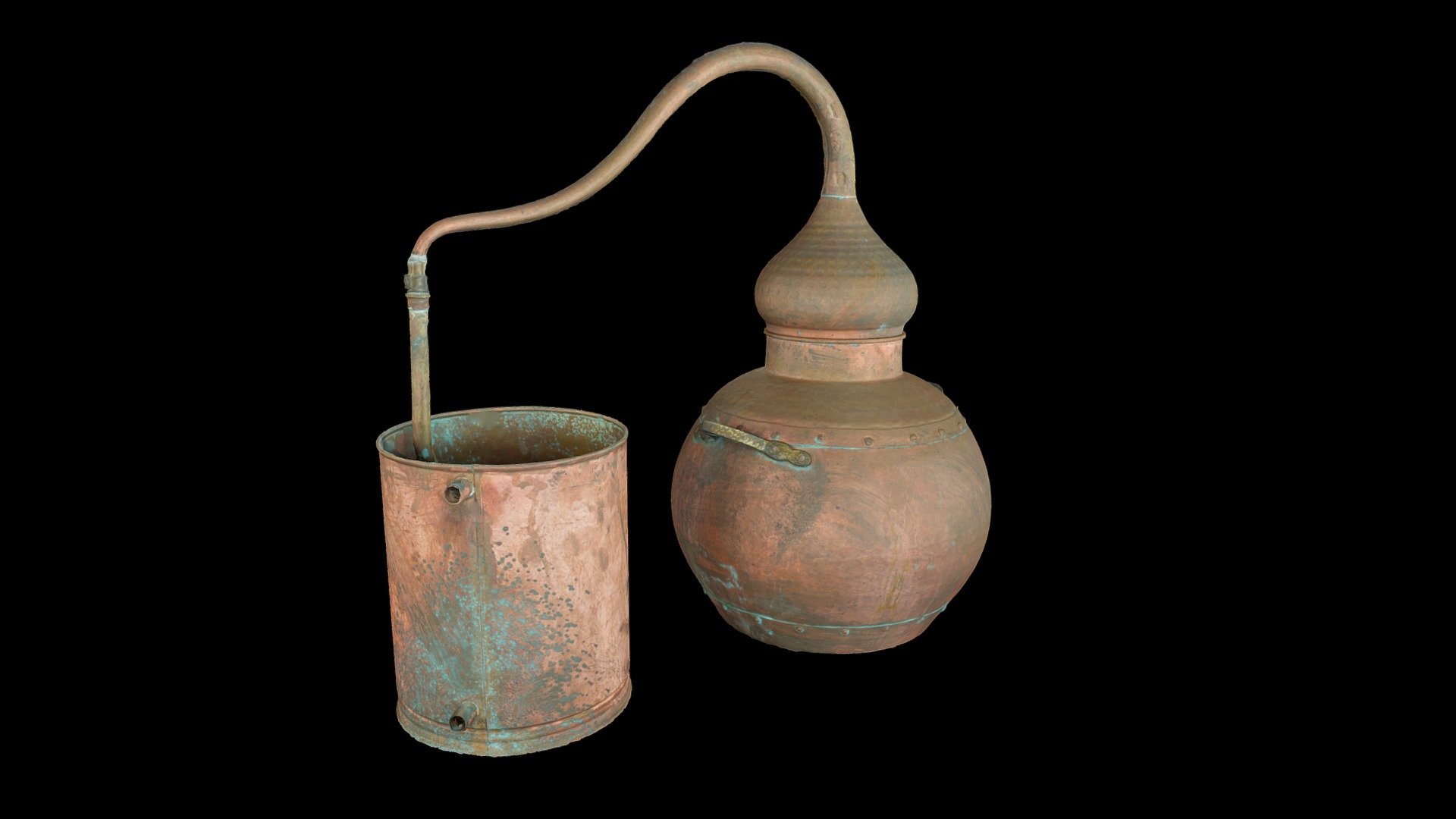 A large copper alembic is an example of the copperware stills produced by Alexandrian and Arabian alchemists. The vessels are hammered into shape from sheets of copper and then riveted or soldered. Copper stills are quick to boil and maintain their heat easily, and therefore were popular among European alchemists.

3D model by Abigail Crawford 3d model