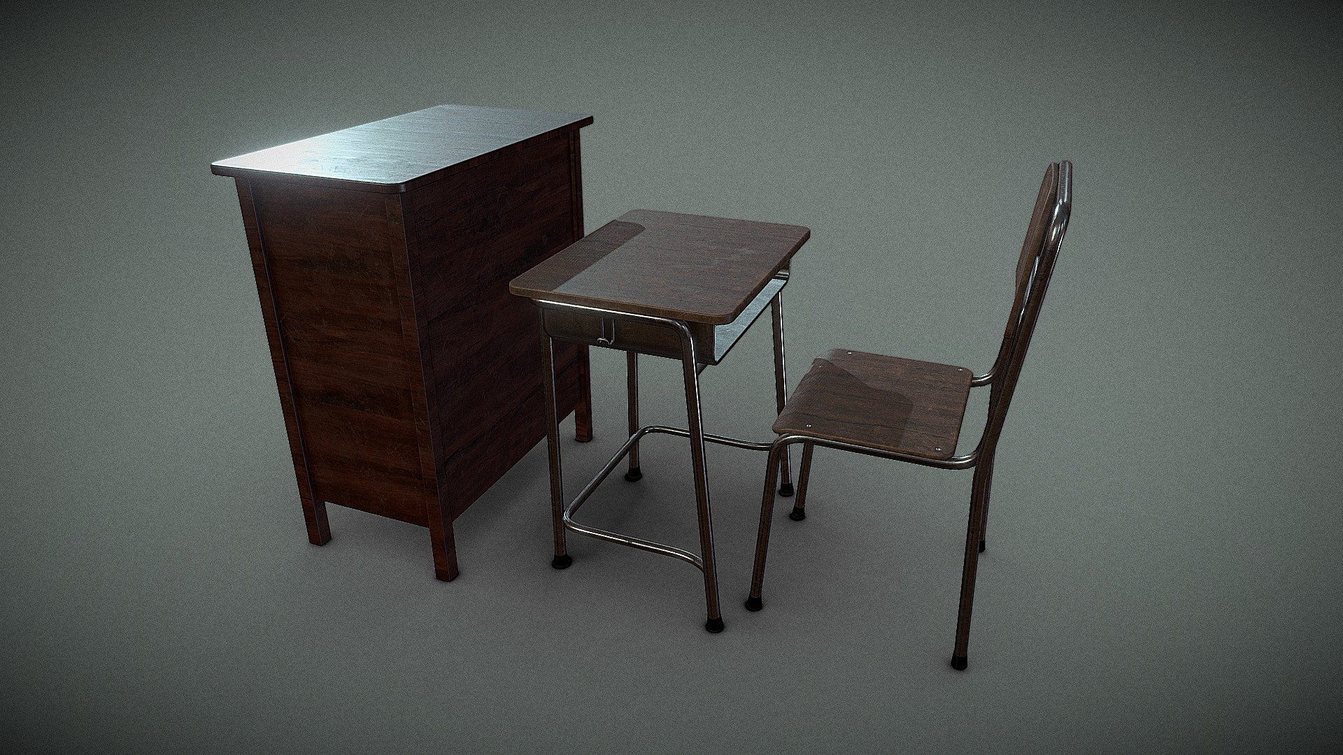 There are models of assets for classroom including student's desk and chair plus a standing desk for the teacher 3d model