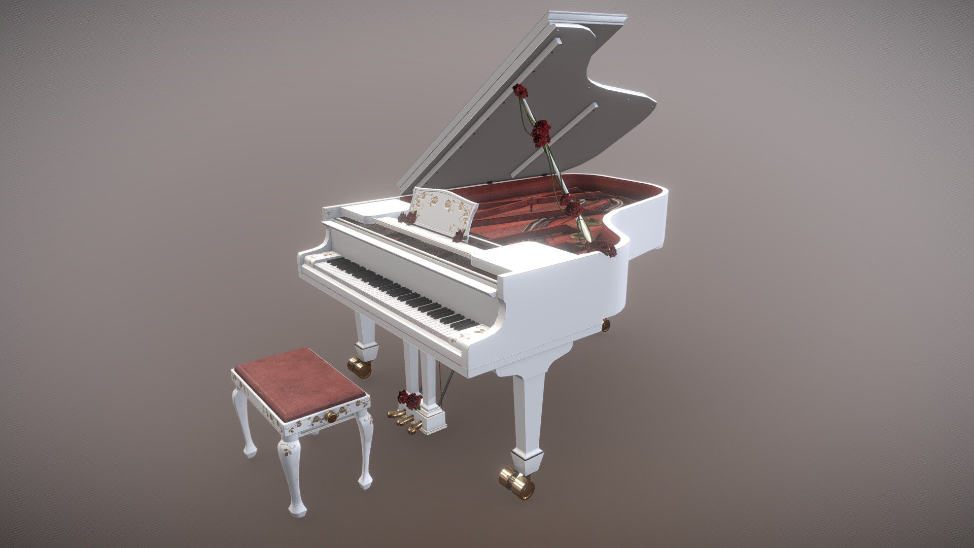 .I made this as a study and to model something detailed. I have made a full-sized grand piano with a fully modeled keyboard, pedals and underside. I have made it as accurate as possible, and I've used several references online to get the different parts right (since I don't have any access to a grand piano, sadly enough). I wanted to make a white grand piano since I think they're very extra and cool, and I thought that a red inside would look dramatic, so I made it red inside. The roses I made just because.

To stay with the roses-theme I decided to decorate the piano and the chair with a rose pattern, so I drew a quick alpha base for a rose pattern I could use and used it when I textured it.

Modeled in Maya, textured in Substance Painter, rendered in Unreal Engine 3d model
