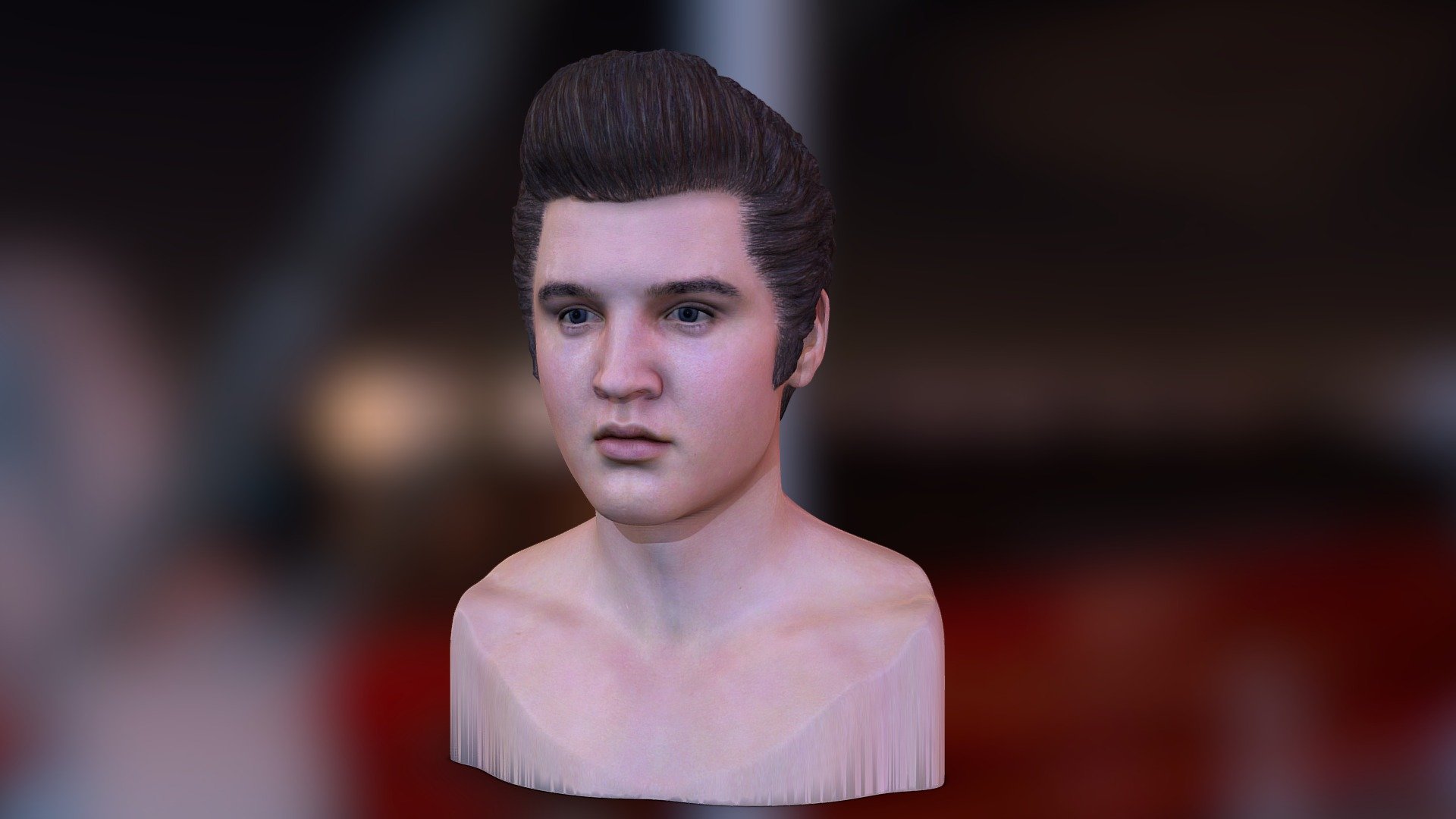The 3d character available here:
https://steplont.blogspot.com/2020/10/3d-printable-model-elvis-presley-head.html

3d printable model Elvis Presley head

The 3d printable model Elvis Presley head

The model has verts:

file hair_head_1000.obj &ndash; verts: 1000000 texture: 8192 x 8192
file hair_head_500.obj &ndash; verts: 500000 texture: 8192 x 8192
file hair_head_250.obj &ndash; verts: 250000 texture: 8192 x 8192

file hair_head_1000.obj &ndash; verts: 1000000 texture: 8192 x 8192
file hair_head_500.obj &ndash; verts: 500000 texture: 8192 x 8192
file hair_head_250.obj &ndash; verts: 250000 texture: 8192 x 8192

The head has no symmetry topology.
Final images are rendered in Blender v2.79b Cycles Render - 3d printable model Elvis Presley head - 3D model by steplont 3d model