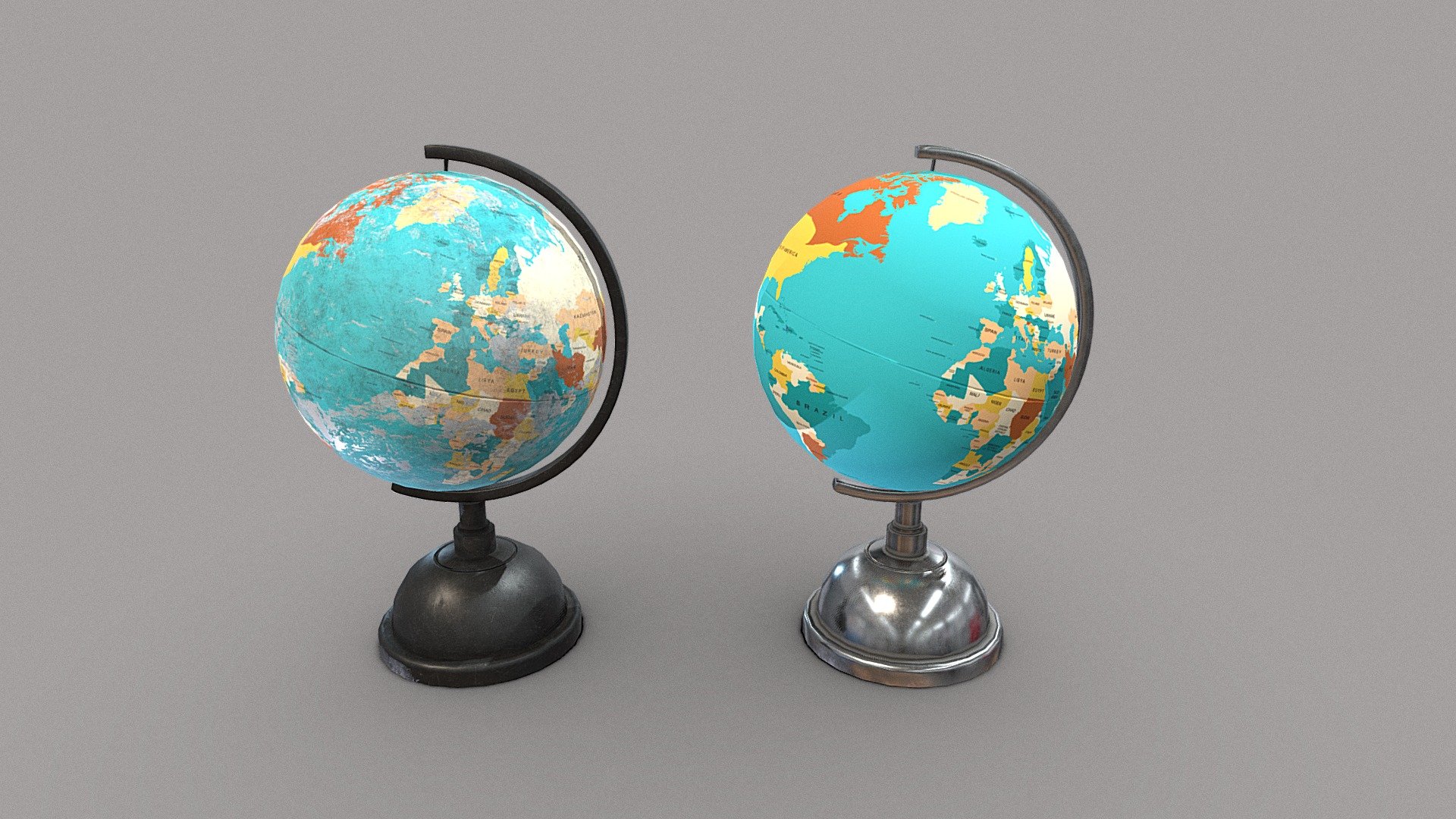 A pair of desk globes with stand. Handy prop for any sort of interior environment such as a school or office. 

1x worn with black base
2x clean with metalic base

PBR textures @4k - Pair of desk globes - Buy Royalty Free 3D model by Sousinho 3d model