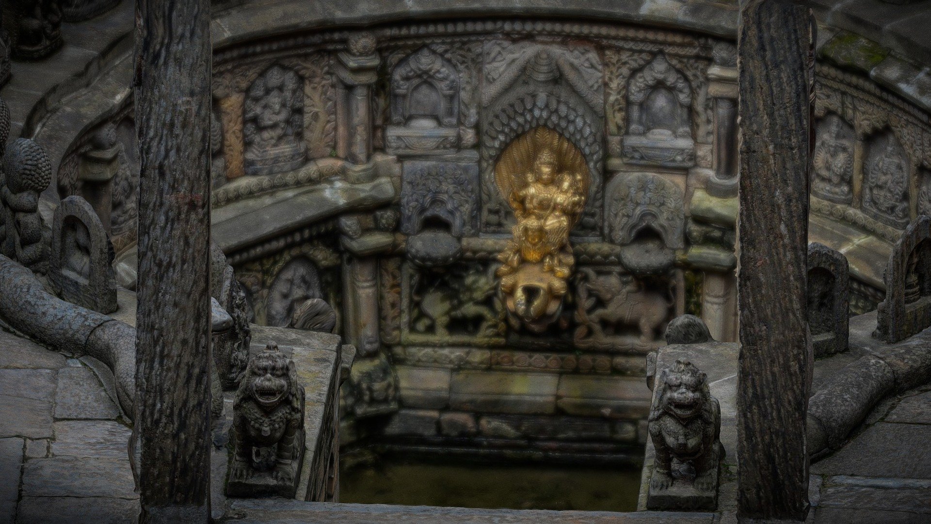 This is Tusa hiti located in Sundar Chowk(Patan Durbar Square). It is slightly cusped Tusha Hiti step-well was commissioned in 1647 by King Siddhinarasimha Malla, to perform ritual purification. A beautiful statue of Laksmi-Narayan on Garuda is carved on gilt bronze on the top of water spout. Various miniature statues of gods and goddesses and multiple iconic objects are surrounded in Tusha Hiti 3d model