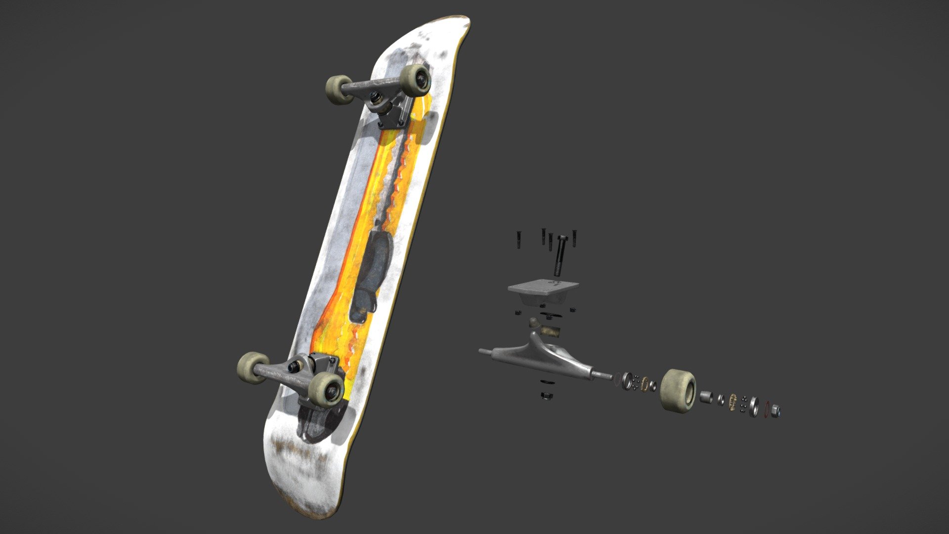 High resolution skatebord model with all of its parts. Real life scale. (8.5″ deck)

No branding, deck design is original.

Has one 4K texture for the deck and five 2K textures for the rest of the parts. All PBR. 
(base color, height, metalic, AO, normal - directX, roughness)

In aditional files is a .blend file with all parts rigged to emptys using drivers. You can easily crate animations like this:
https://www.youtube.com/watch?v=wYjkYkGS3AI
https://sketchfab.com/3d-models/my-skateboard-animated-parts-50dca00bdcff44689afda58c3ea6eda9
(same model, different textures)

Enjoy! - Skateboard - Buy Royalty Free 3D model by vojtaklemperer 3d model