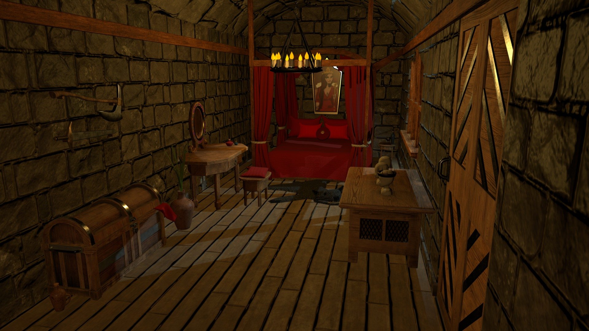 Modeling, layout, and Texturing of a late medieval queen's room.
From inspiration my wife drew, I wanted to take a sketch she did and build it in 3d. 

I've always been drawn to environment and prop modeling and sculpting, so this was a great learning process. I cycled through modeling about 5 or 6 different tables before I finally settled on the ones seen here.
Models Layout and Textures done by me. 
Hope you like it.
As always feedback is more than welcome.

WHen you buy you get everything seen here, Treasure Chest, Canopy Bed, Pillow, Drapes, Blankets, Potted Plants, Makeup Table, Stool, Sword, Axe, Chandelier, Bottles, Mannequin Heads, and more.

https://www.artstation.com/artwork/Z5nvDR - Medieval Props Room - Buy Royalty Free 3D model by Addison Moyer (@Addison.Moyer) 3d model