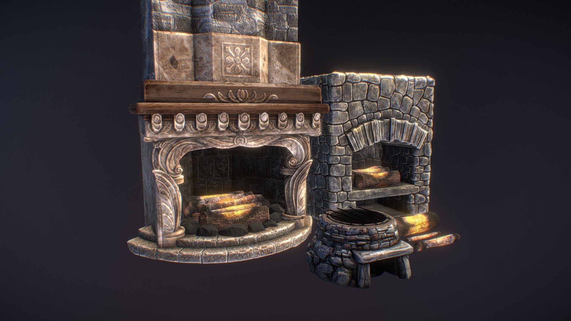 Fireplace and hearths - 6 separate meshes, fireplace, big hearth, small hearth, and 3 burning logs. All textures are 2048x2048, total triangle count around 20000 tris 3d model