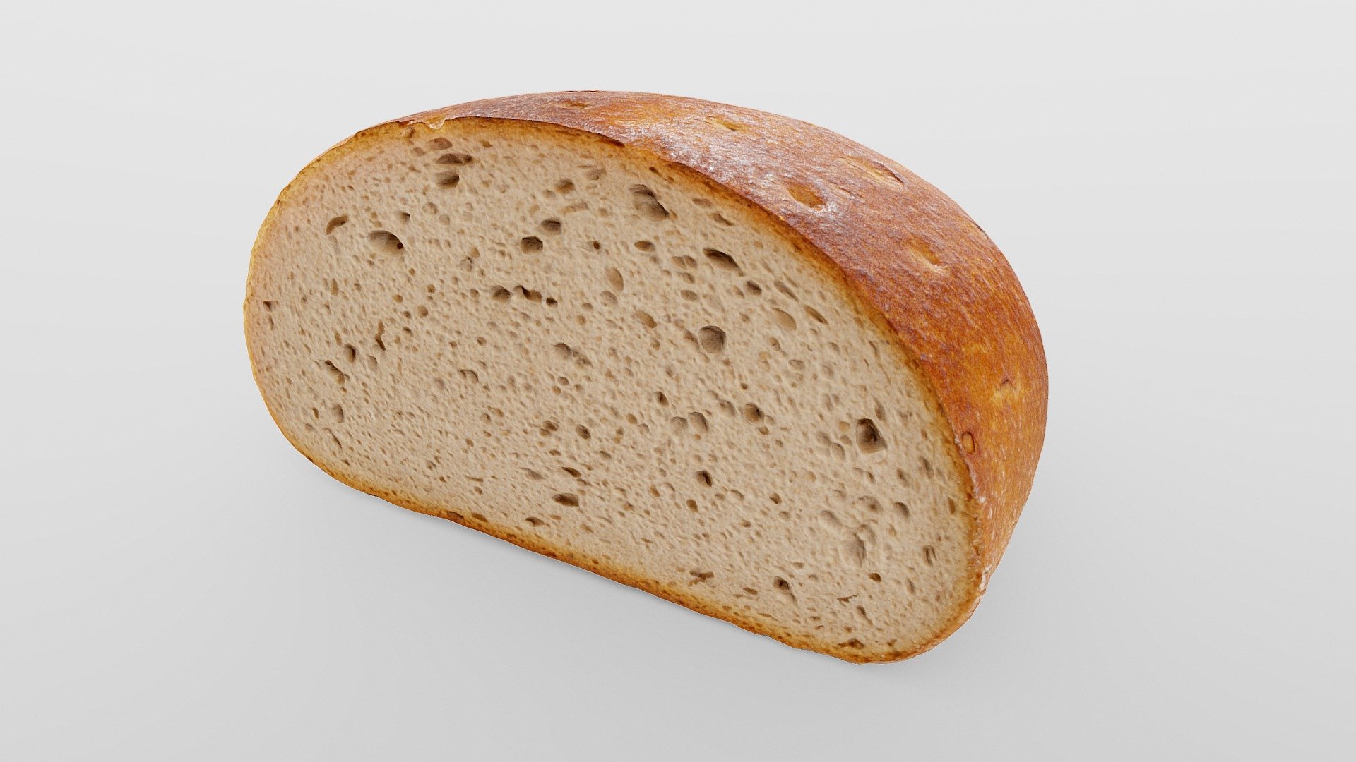 A German bread loaf cut in half

10.1 x 16.0 x 9.2 cm

The highly optimized, photorealistic model was created using custom photogrammetry techniques. This involves capturing hundreds of pictures from many angles and under different lighting conditions. The resulting data is then processed with manual and automated pipelines, by leveraging RawTherapee, Metashape, Blender and self-developed software.

The attached ZIP archive includes the low-poly OBJ mesh, a Blender file and a set of JPEG textures at 4k resolution 3d model