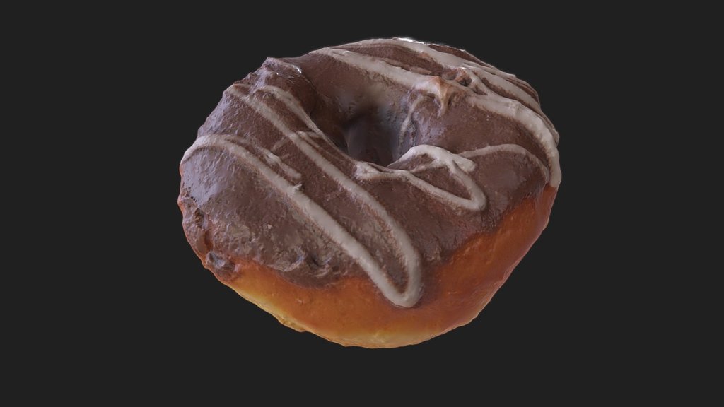 A chocolate donut recontructed in 3D using photogrammetry techniques. I used Autodesk Remake and there was a total of 109 photos used to reconstruct the images into a 3D object 3d model