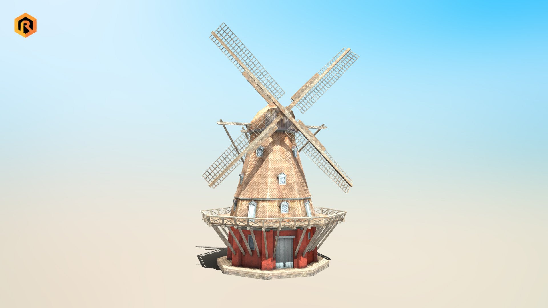 High-quality 3D low-poly model of Big Copenhagen Windmill.

Model is build with two meshes, main part and wing part.

It is best for use in games and other VR / AR, real-time applications such as Unity or Unreal Engine.

It can also be rendered in Blender (ex Cycles) or Vray as the model is equipped with proper textures.  

You can also buy this model in a bundle: https://skfb.ly/ovQJB

Technical details:


2048 x 2048 Diffuse and AO textures 
3732 Triangles 
2842 Vertices 
Model completely unwrapped 
Pivot points are centered to suit the animation process 
All nodes, materials and textures are appropriately named
Lot of additional file formats included (Blender, Unity, Maya etc.)

More file formats are available in additional zip file on product page.

Please feel free to contact me if you have any questions or need any support for this asset.

Support e-mail: support@rescue3d.com - Copenhagen Windmill - Buy Royalty Free 3D model by Rescue3D Assets (@rescue3d) 3d model