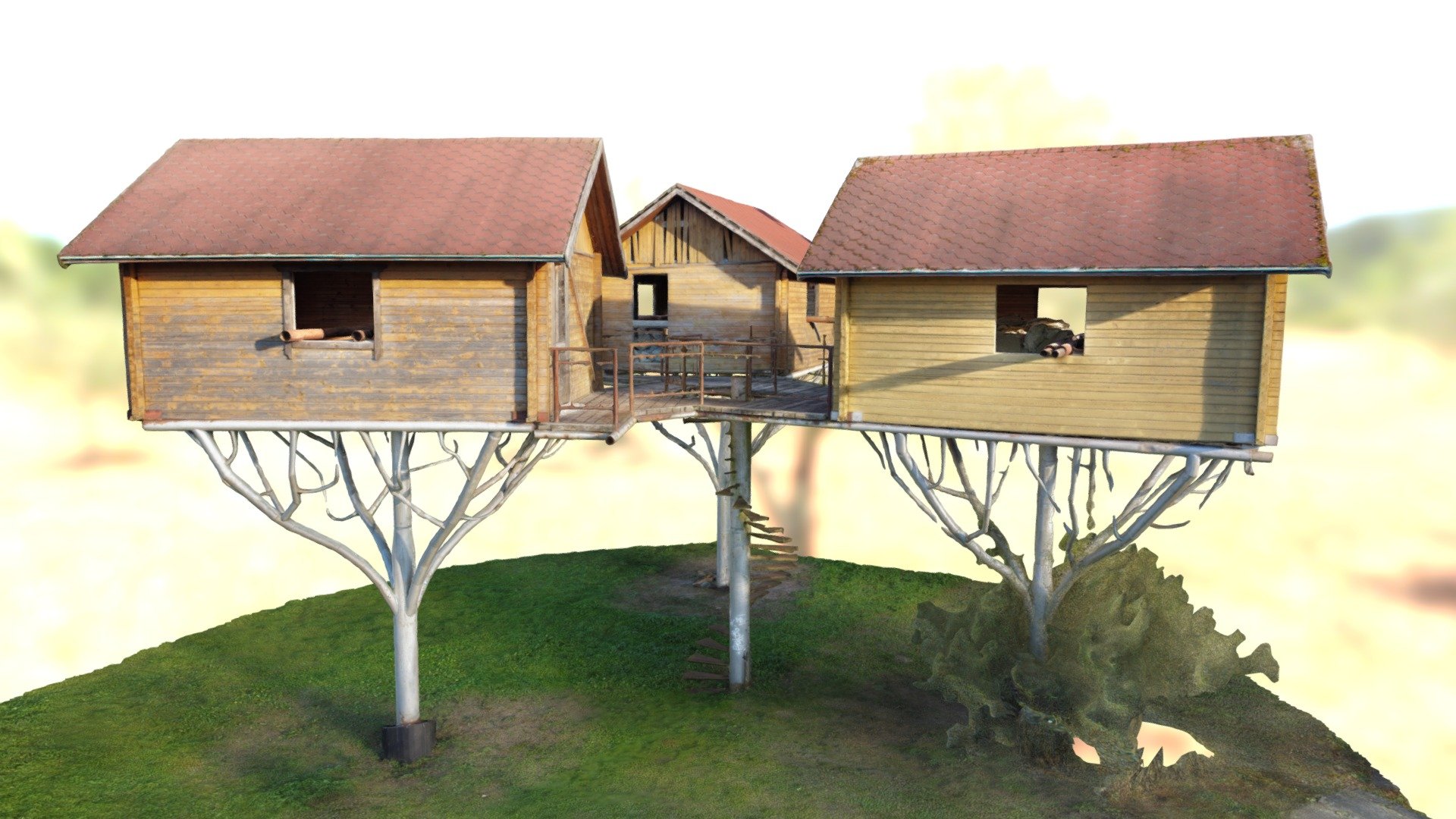 3D scan of three houses build up on a tree.
Yellow wooden walls, red roof.
Artificial tree made of metal 3d model