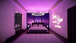 Neon Bedroom scene, room, modern, lights, cute, bed, bedroom, challenge, set, scenery, furnished, cyberpunk, night, baked, decorative, furniture, vr, showcase, enviroment, sunset, decor, neon, props, artistic, decorations, minimalist, aesthetic, cozy, vaporwave, rendered, pleasing, architecture, low-poly, art, lowpoly, futuristic, house, home, city, "free", "interior", "gameready"