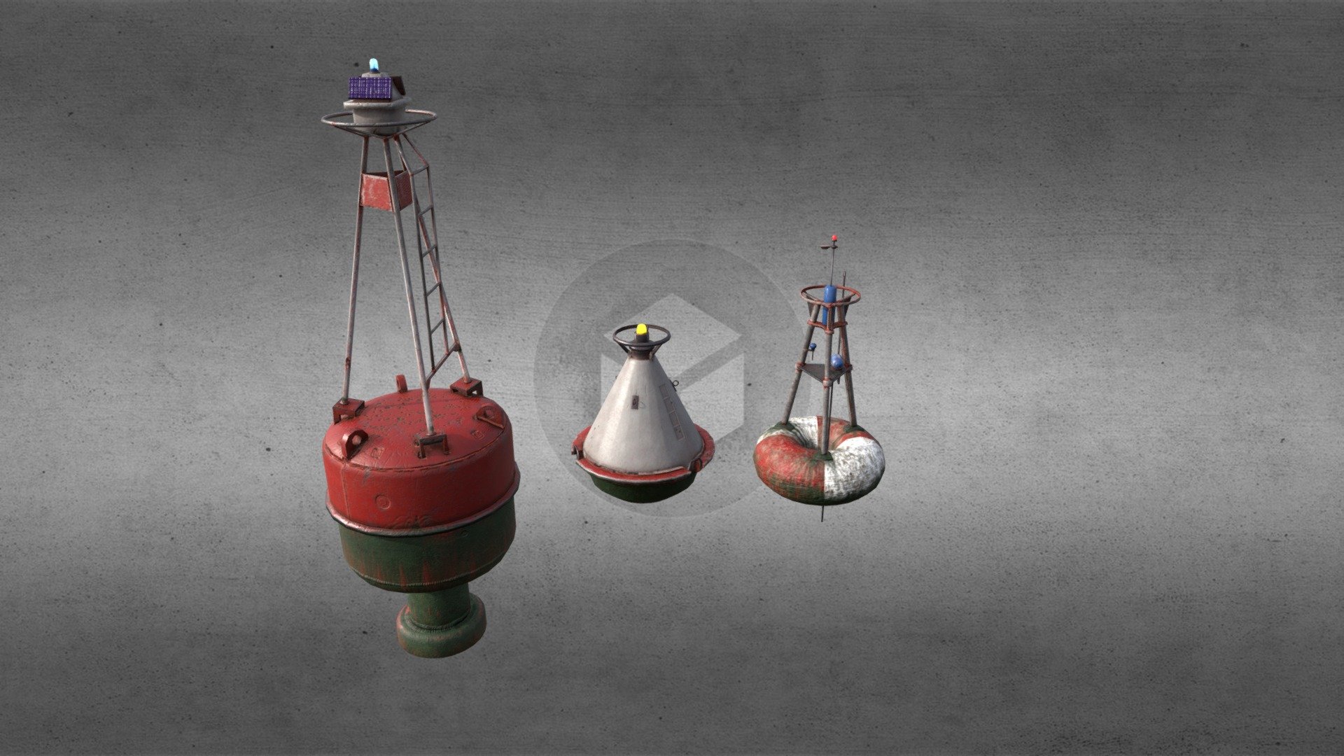 a set of three models of marine buoys,(navigation, metteorological and radio communicattion) sharing common texture. Was created as Game asset for unreal engine game project 3d model
