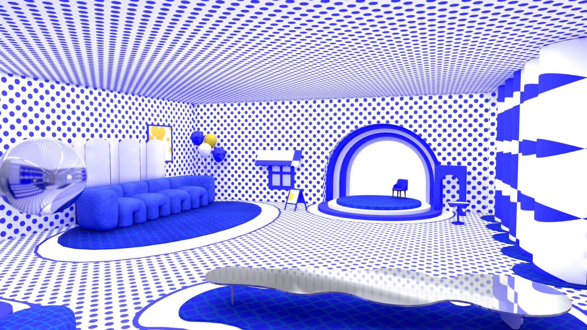 An interior room with blue polka dots and blue furniture, giving visitors a whimsical feeling.
It's painted in the style of surreal, with bold monochromatic patterns.
It could also be treated as an pop art gallery.

Scaled in real world dimensions

🔥Note: Spatial seat hotspots supported ( You need to download the additional files which named “with hotspots” )

📦Note: High quality baking pics supported ( You need to download the additional files which named “High quality baking pics” ) - Concept Gallery | Fashion Space | Baked - Buy Royalty Free 3D model by ChristyHsu (@ida61xq) 3d model
