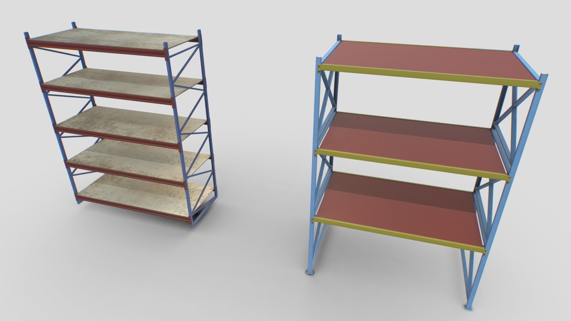 Pack of 2 industrial shelves based in real ones and with real scale.

Comes with PBR 4096pix textures including Albedo, Normal, Roughness, Metalness, AO.

Comes also with 2 texture sets, 1 more rusted and old 3d model