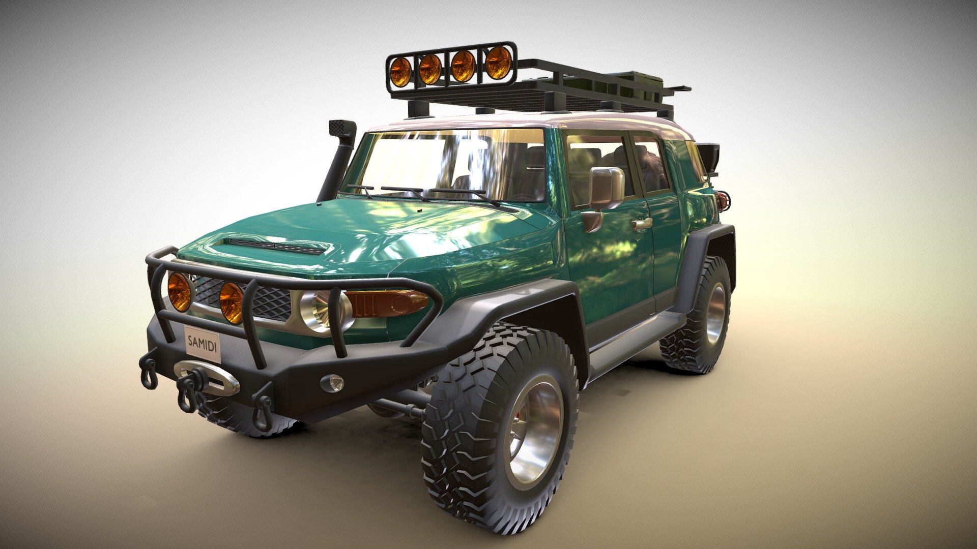 SUV model. Asset ready to use. 4 texture (Interior 3/Number plane 1). Separated steering wheel. Detailed suspension - Toyota FJ cruiser Offroad - 3D model by Samidi (@cachetf) 3d model