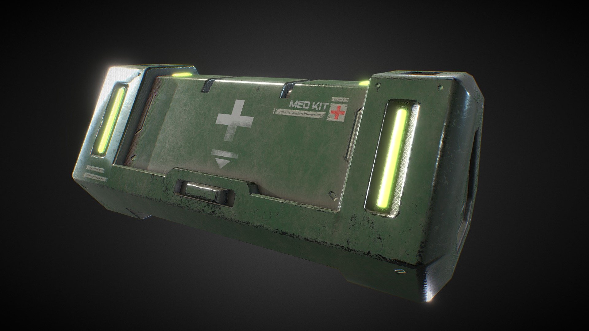 Modeled this crate based on this concept art by Pengzhen Zhang.

While the original concept depicts it as an ammunition crate, I reimagined it to be used as a med crate where you could interact with it and get health or med kits. I went along with this theme and pushed it with the green color of the crate and lights to make it easily identifiable for the player at first glance 3d model