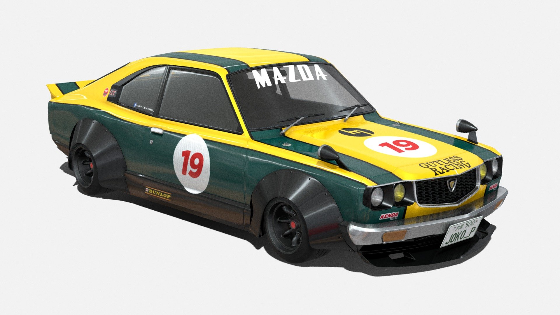 A Mazda Savanna S124A (also known as RX-3 outside of Japan) with overfender and lowered suspension. It also has the iconic yellow/green racing livery. The original fender isn't cutted, so you can restore it to stock condition if you want to. The inspiration for this build is Kato-san's Savanna Coupe and Brett Stebel's RX-3.
The model has constraint (copy rotation) on each wheel parts to an empty object. There's also lights object in the lights area. Here are two example renders using Blender Cycles :




Also here's a UV/Template if you want to make your own livery

 - Mazda Savanna S124A Racing - Buy Royalty Free 3D model by Joko_P 3d model