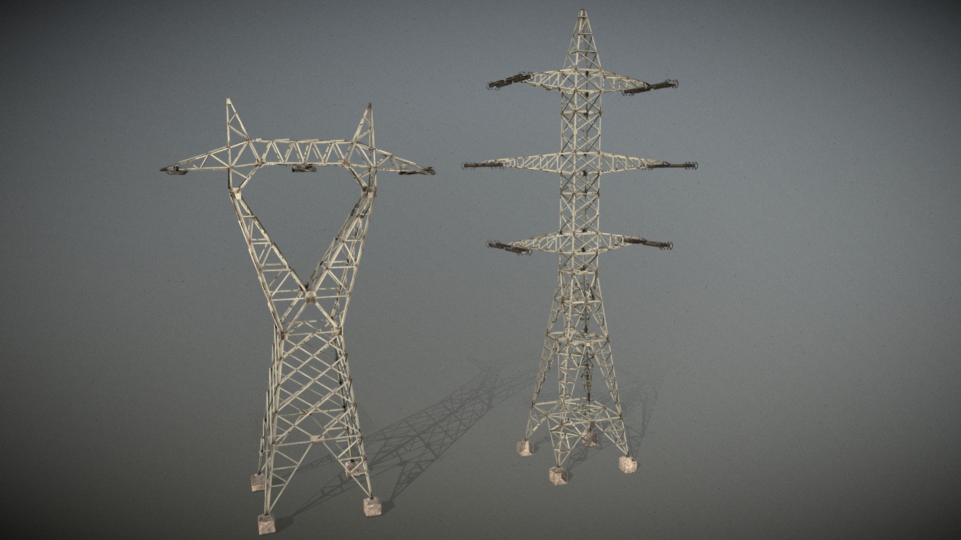 Two high voltage towers.
Enjoyed modeling this one, tried to make it relatively low polygons. After modeling i did all texturing in SubstancePainter. I think there is something fascinating in this metal constructions. 

Planning to use them as background props in open air scene in UE4 3d model