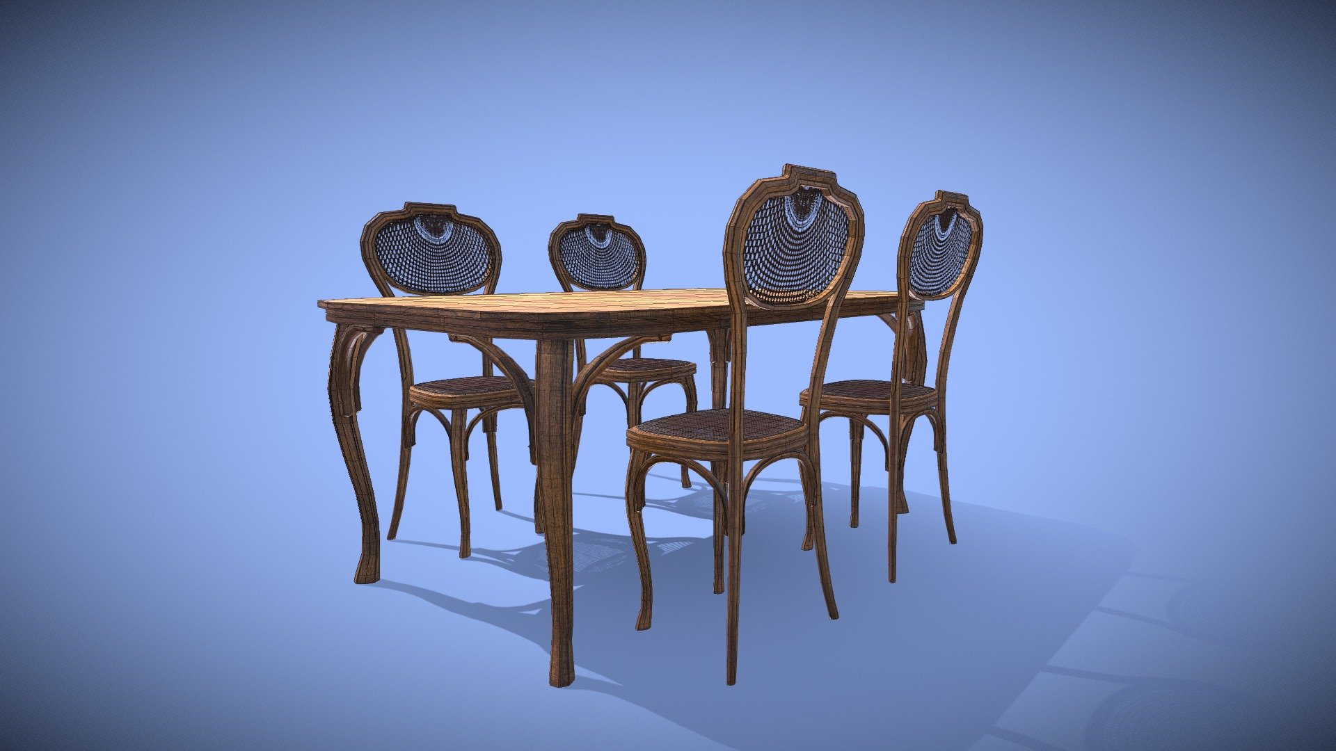 A realistic 3D model of an Art Nouveau table and chairs from the beginning of the 20th century. This model was made using a real life reference, keeping the accurate look and original dimensions.




Textures made with Surface Painter 2

Modelled in Maya 2017

Renders and shaders made with Arnold 2.0, now native to maya

Shader used: aiStandardSurface

Clean modelling: quads only, clean scene with a clear naming convention

textures:




chair_DIF.1001.png: 4096 x 4096

chair_NOR.1001.png: 4096 x 4096

chair_SPEC.1001.png: 4096 x 4096

wicker_BUP.1001.png: 2048 x 2048

wicker_BUP.1002.png: 2048 x 2048

wicker_DIF.1001.png: 2048 x 2048

wicker_DIF.1002.png: 2048 x 2048

wicker_OPA.1001.png: 2048 x 2048

wicker_OPA.1002.png: 2048 x 2048

table_DIF.1001.png: 4096 x 4096

table_NOR.1001.png: 4096 x 4096

table_SPEC.1001.png: 4096 x 4096

Please Note:




The model was originally created in Maya, using Arnold shaders. These files are added to this asset as additional file.
 - Art Nouveau Dining Table and Chairs - Buy Royalty Free 3D model by lillyth 3d model