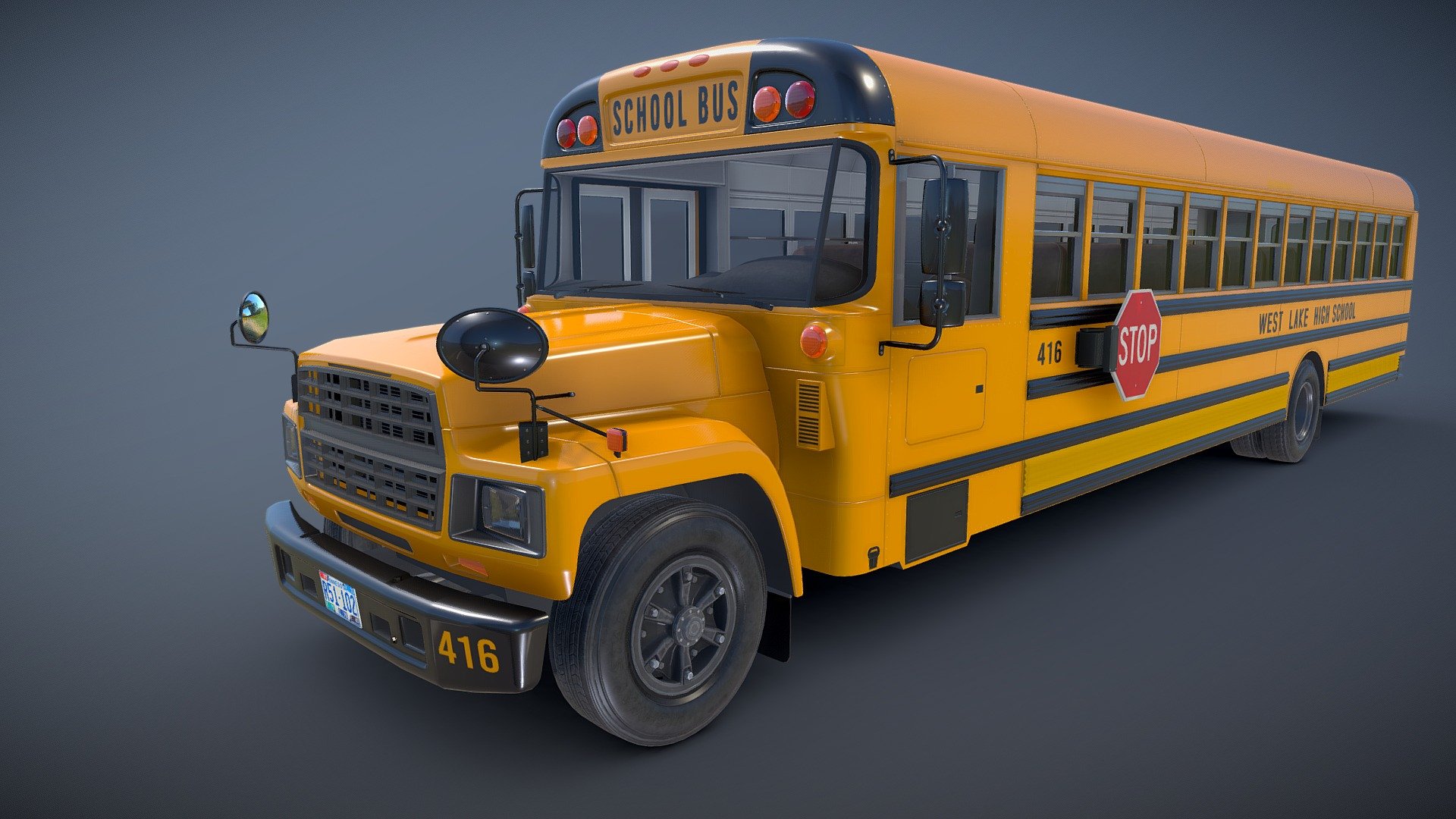American school bus game ready model.

Full textured model with clean topology.

High accuracy exterior model

Different tires for rear and front wheels.

High detailed body - seams, rivets, chrome parts, wipers and etc.

Side and back doors are openable.

Lowpoly interior - 5876 tris 4123 verts

Wheels - 9280 tris 5462 verts

Full model - 58160 tris 34928 verts

High detailed rims and tires, with PBR maps(Base_Color/Metallic/Normal/Roughness.png2048x2048 )

Original scale. Lenght 11.6m , width 2.35m , height 2.8m.

Model ready for real-time apps, games, virtual reality and augmented reality 3d model