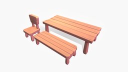 Stylized chair and table set cottage, set, furniture, table, coffeetable, unrealengine, homw, substancepainter, unity, asset, game, blender, chair, low, poly, zbrush, wood