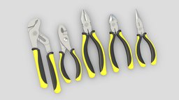 5 Pliers Set kit, saw, tape, hammer, set, screw, complete, tools, generic, new, big, collection, wrench, vr, ar, pliers, realistic, tool, old, machine, screwdriver, toolbox, stanley, vise, gardening, dewalt, asset, game, 3d, low, poly, axe, hand