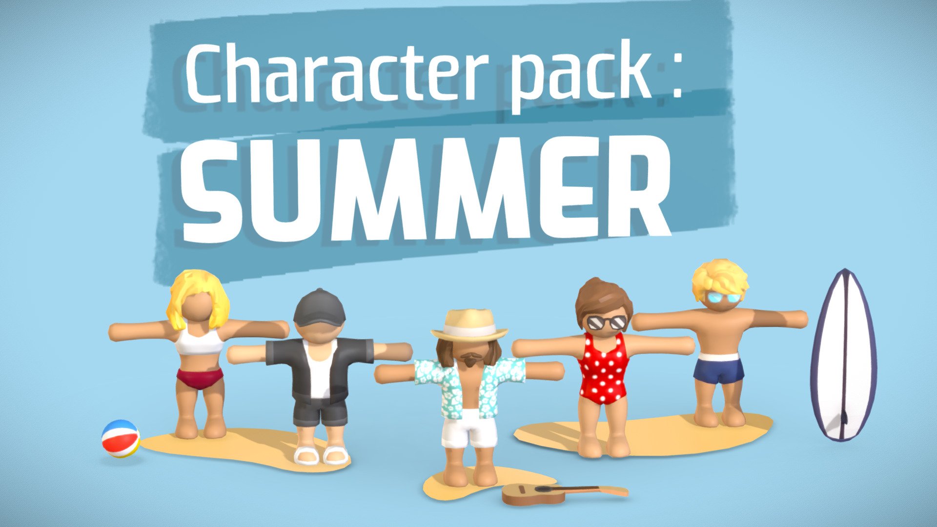 This low poly character pack contains 5 animation ready characters and their accessories.

Example scene here https://skfb.ly/oJMow

Texture size : 1024x1024 | Style : low poly / hyper casual / cartoon / gradient map

Feel free to contact me for any special request ☺️ - Low poly character pack : summer ⛱️ - Buy Royalty Free 3D model by whyplash 3d model
