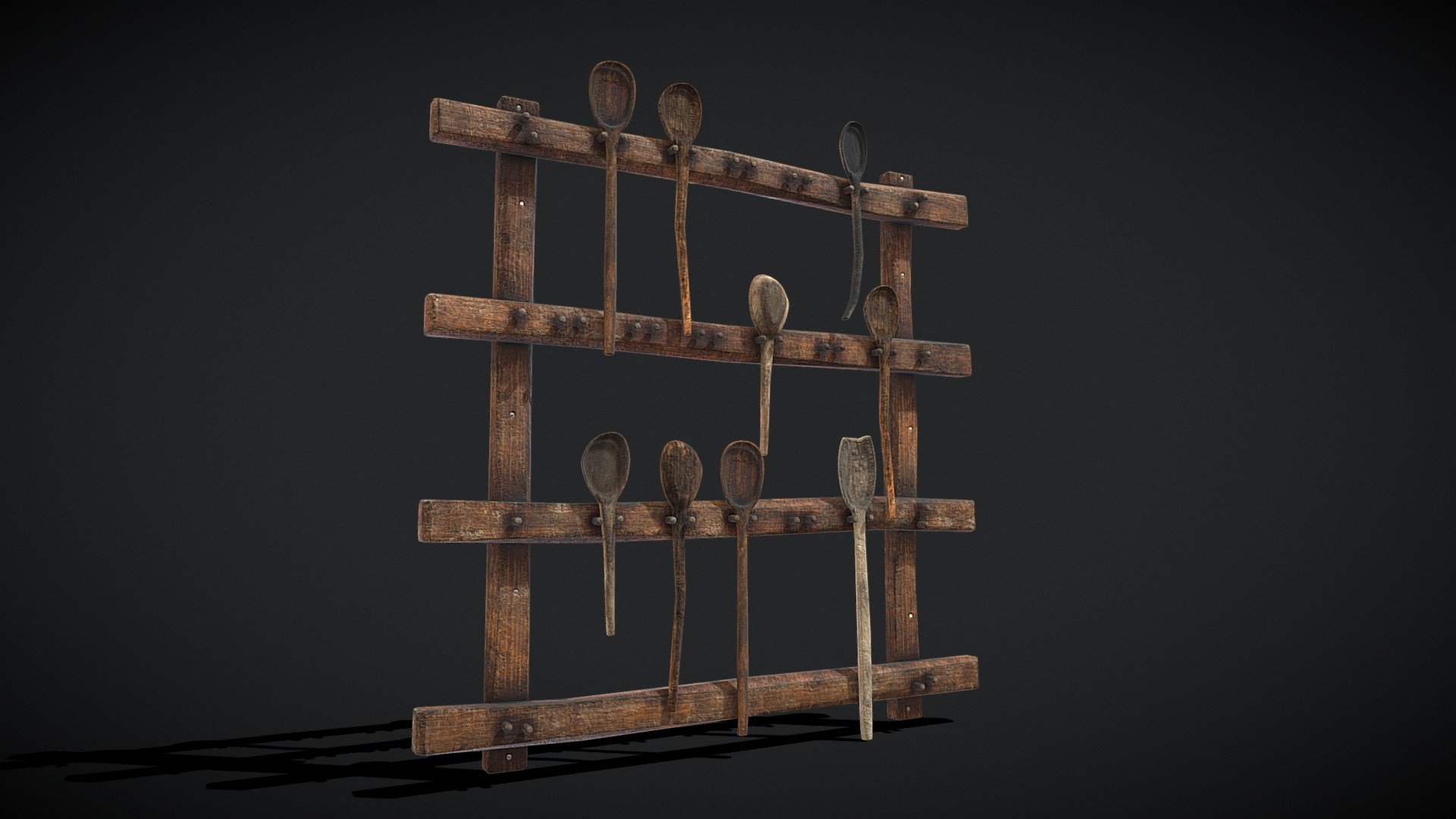 Worn Wooden Spoons Rack
VR / AR / Low-poly
PBR approved
Geometry Polygon mesh
Polygons 8,995
Vertices 9,071
Textures 4K PNG - Worn Wooden Spoons Rack - Buy Royalty Free 3D model by GetDeadEntertainment 3d model
